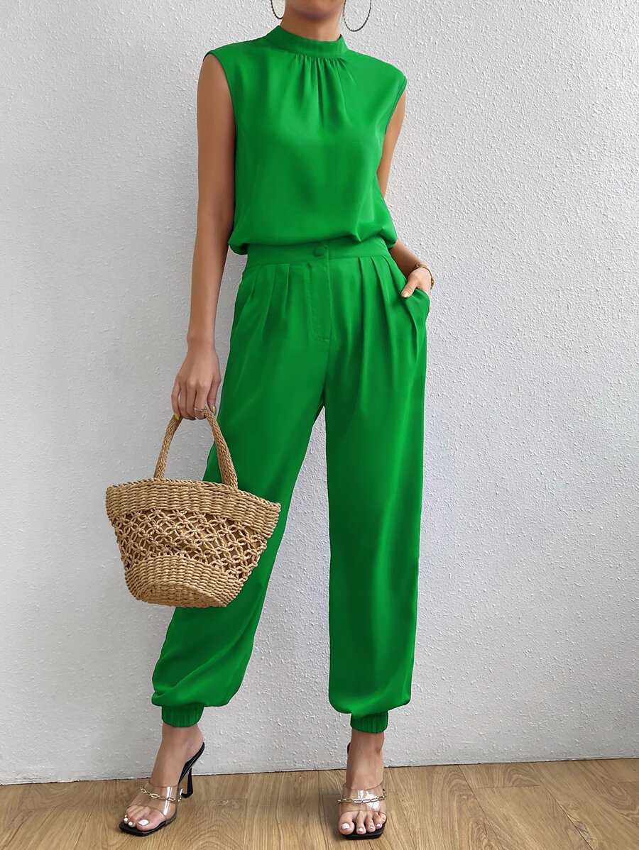 SHEIN Essnce Bộ đồ hai mảnh nữ Nút Túi Dây kéo màu trơn Giải trí - màu xanh lá - Xem 1