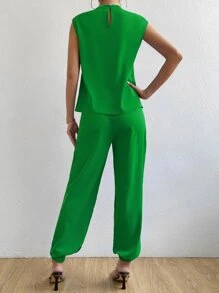 SHEIN Essnce Bộ đồ hai mảnh nữ Nút Túi Dây kéo màu trơn Giải trí - màu xanh lá - Xem 2