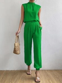 SHEIN Essnce Bộ đồ hai mảnh nữ Nút Túi Dây kéo màu trơn Giải trí - màu xanh lá - Xem 3