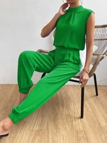 SHEIN Essnce Bộ đồ hai mảnh nữ Nút Túi Dây kéo màu trơn Giải trí - màu xanh lá - Xem 4