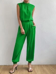SHEIN Essnce Bộ đồ hai mảnh nữ Nút Túi Dây kéo màu trơn Giải trí - màu xanh lá - Xem 5