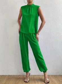 SHEIN Essnce Bộ đồ hai mảnh nữ Nút Túi Dây kéo màu trơn Giải trí - màu xanh lá - Xem 6