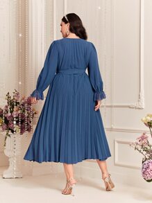 Modelyn Đầm Plus Size Thắt lưng Xếp li Xù màu trơn Thanh lịch - Màu xanh bụi bặm - Xem 3