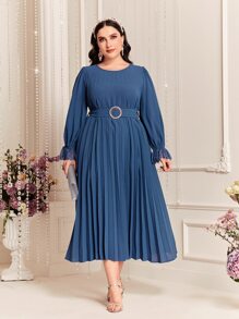 Modelyn Đầm Plus Size Thắt lưng Xếp li Xù màu trơn Thanh lịch - Màu xanh bụi bặm - Xem 4