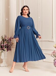 Modelyn Đầm Plus Size Thắt lưng Xếp li Xù màu trơn Thanh lịch - Màu xanh bụi bặm - Xem 5