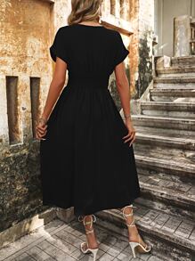 SHEIN LUNE Solid Batwing Sleeve A-line Dress - Black - View 2