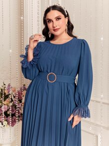 Modelyn Đầm Plus Size Thắt lưng Xếp li Xù màu trơn Thanh lịch - Màu xanh bụi bặm - Xem 6