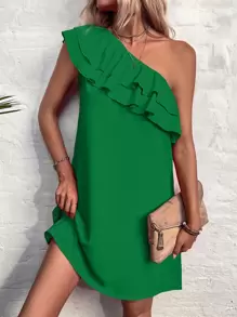 SHEIN Privé One Shoulder Ruffle Trim Dress - Green - View 1