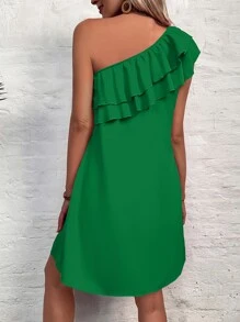 SHEIN Privé One Shoulder Ruffle Trim Dress - Green - View 2