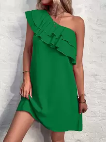 SHEIN Privé One Shoulder Ruffle Trim Dress - Green - View 5