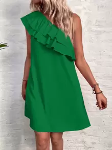 SHEIN Privé One Shoulder Ruffle Trim Dress - Green - View 6