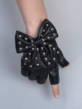 1 paire de gants en PU avec décoration de nœud papillon et rivets noirs, gants à demi-doigts pour punk, danse, performance, hip hop, élastiques, pour femmes, pour fête, Halloween