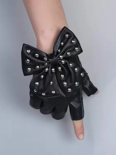 1 par de guantes de cuero PU con decoración de lazo y remaches negros, guantes sin dedos para punk, danza, actuación, hip hop, elásticos, para mujeres, para fiestas, Halloween, verano