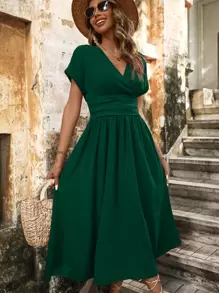 Breezaya Solid Batwing Sleeve A-line Dress - Dark Green - View 3