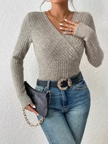 SHEIN Frenchy Surplice Neck Ribbed Knit Tee - Apricot - View 3