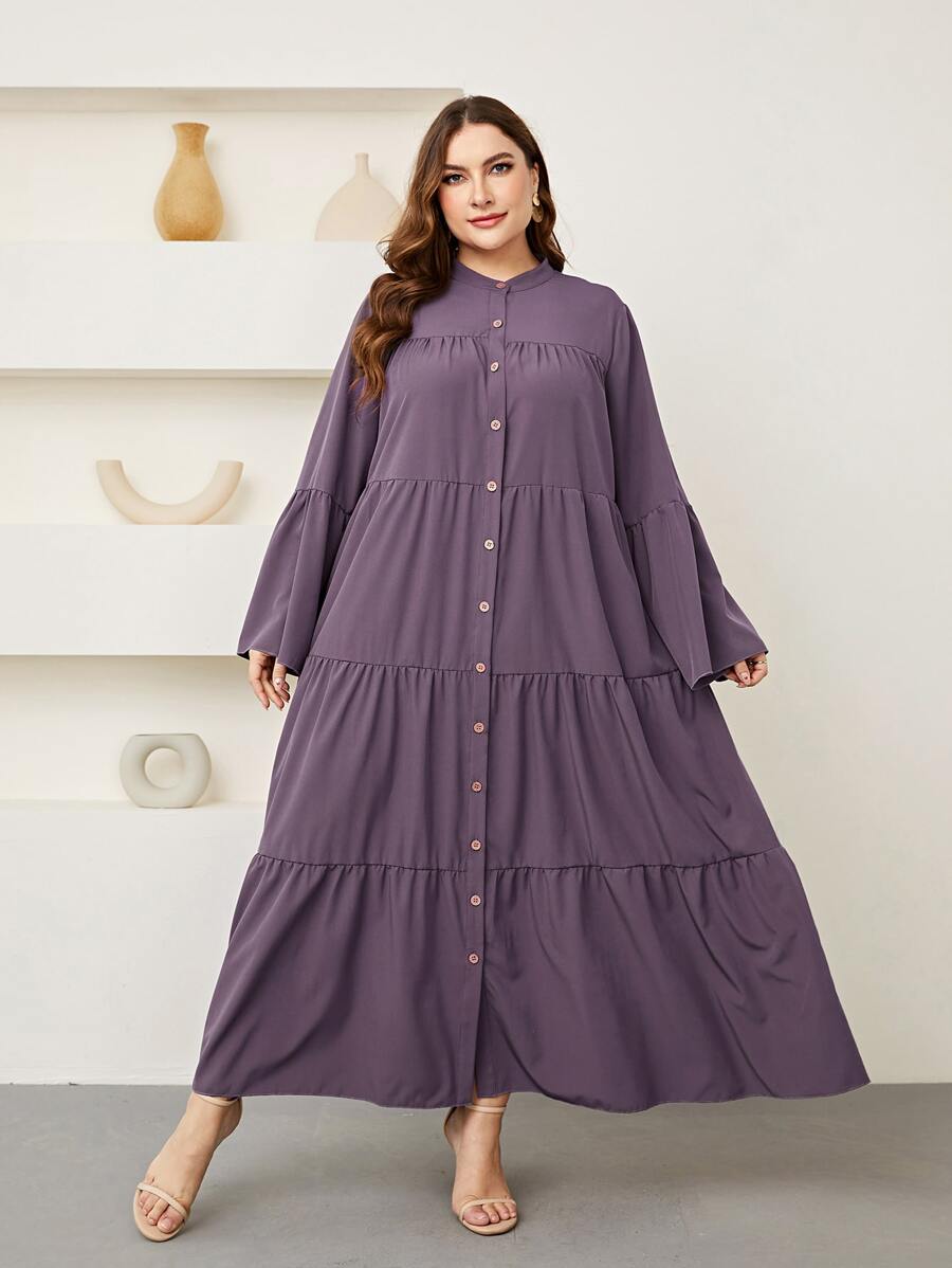Mulvari Plus Flounce Sleeve Ruffle Hem Smock Dress - Purple - View 1