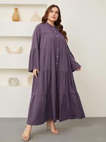 Mulvari Plus Flounce Sleeve Ruffle Hem Smock Dress - Purple - View 3