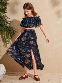 SHEIN Bộ hai mảnh Gái viền lá sen Xù Tách cao Hoa Boho - Màu xanh hải quân - Xem 1