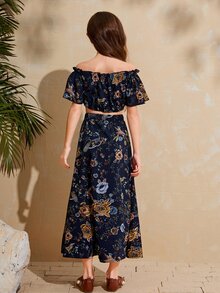 SHEIN Bộ hai mảnh Gái viền lá sen Xù Tách cao Hoa Boho - Màu xanh hải quân - Xem 2