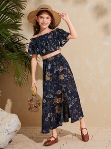SHEIN Bộ hai mảnh Gái viền lá sen Xù Tách cao Hoa Boho - Màu xanh hải quân - Xem 3