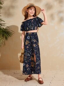 SHEIN Bộ hai mảnh Gái viền lá sen Xù Tách cao Hoa Boho - Màu xanh hải quân - Xem 4
