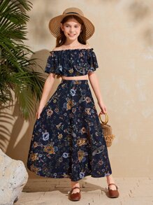 SHEIN Bộ hai mảnh Gái viền lá sen Xù Tách cao Hoa Boho - Màu xanh hải quân - Xem 6