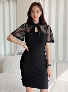 DAZY Đầm Thắt nơ trước Tương phản ren Chia màu trơn Thanh lịch - màu đen - Xem 1