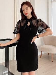 DAZY Đầm Thắt nơ trước Tương phản ren Chia màu trơn Thanh lịch - màu đen - Xem 2