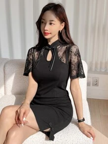 DAZY Đầm Thắt nơ trước Tương phản ren Chia màu trơn Thanh lịch - màu đen - Xem 3