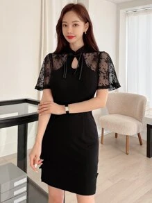 DAZY Đầm Thắt nơ trước Tương phản ren Chia màu trơn Thanh lịch - màu đen - Xem 5