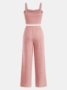 SHEIN 青少年女孩素色吊帶上衣和闊腿褲 - 珊瑚粉 - 查看 2