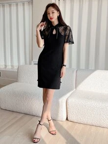 DAZY Đầm Thắt nơ trước Tương phản ren Chia màu trơn Thanh lịch - màu đen - Xem 7
