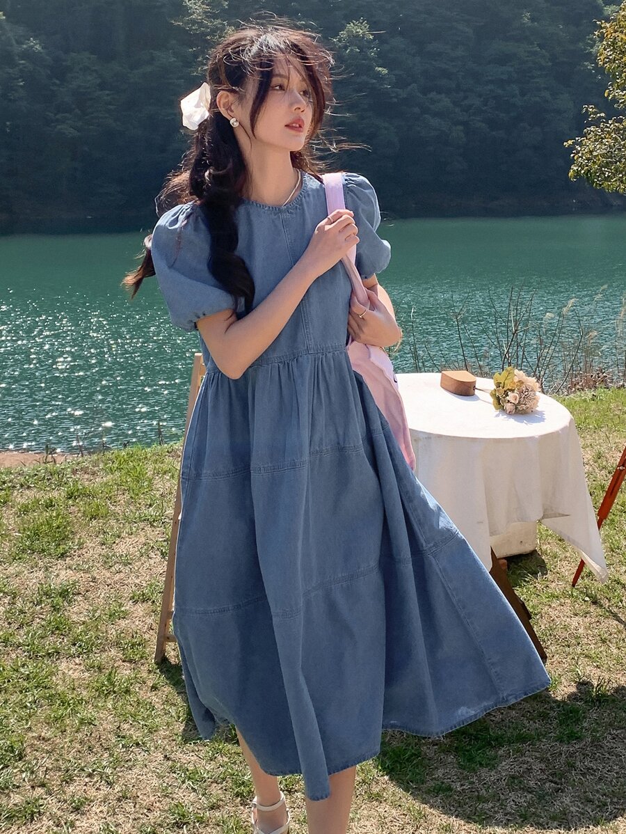 DAZY Solid Puff Sleeve Smock Denim Dress - Light Wash - View 1