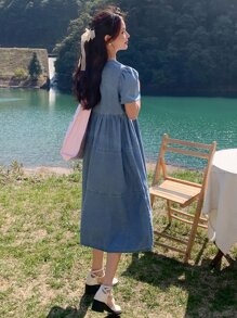 DAZY Solid Puff Sleeve Smock Denim Dress - Light Wash - View 2