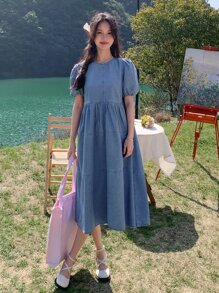 DAZY Solid Puff Sleeve Smock Denim Dress - Light Wash - View 3