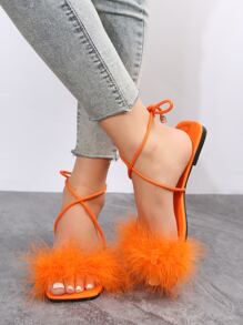 女士毛絨裝飾腿部繫帶設計平底魅力四射橘色綁帶涼鞋 - 橘色 - 查看 1