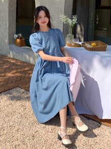 DAZY Solid Puff Sleeve Smock Denim Dress - Light Wash - View 5