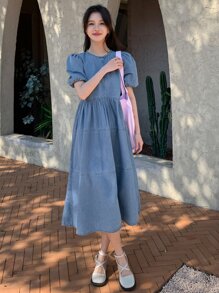 DAZY Solid Puff Sleeve Smock Denim Dress - Light Wash - View 6