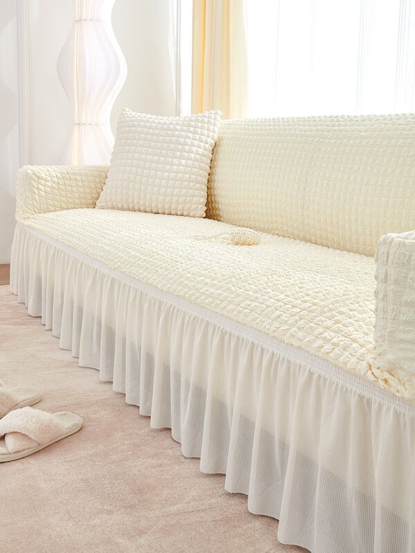 1pc Beige Sofa Slipcover, Polyester Ruffle Trim Stretch Sofa Slipcover