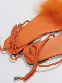 女士毛絨裝飾腿部繫帶設計平底魅力四射橘色綁帶涼鞋 - 橘色 - 查看 7