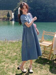 DAZY Solid Puff Sleeve Smock Denim Dress - Light Wash - View 7