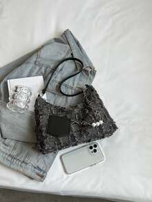 Colorblock Raw Hem Chain Decor Hobo Bag - Multicolor - View 5