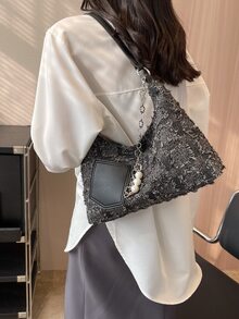 Colorblock Raw Hem Chain Decor Hobo Bag - Multicolor - View 6