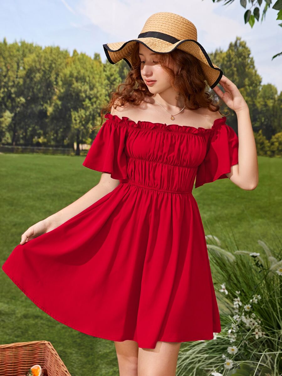 SHEIN Đầm Gái viền lá sen Xù màu trơn Boho - Đỏ - Xem 1