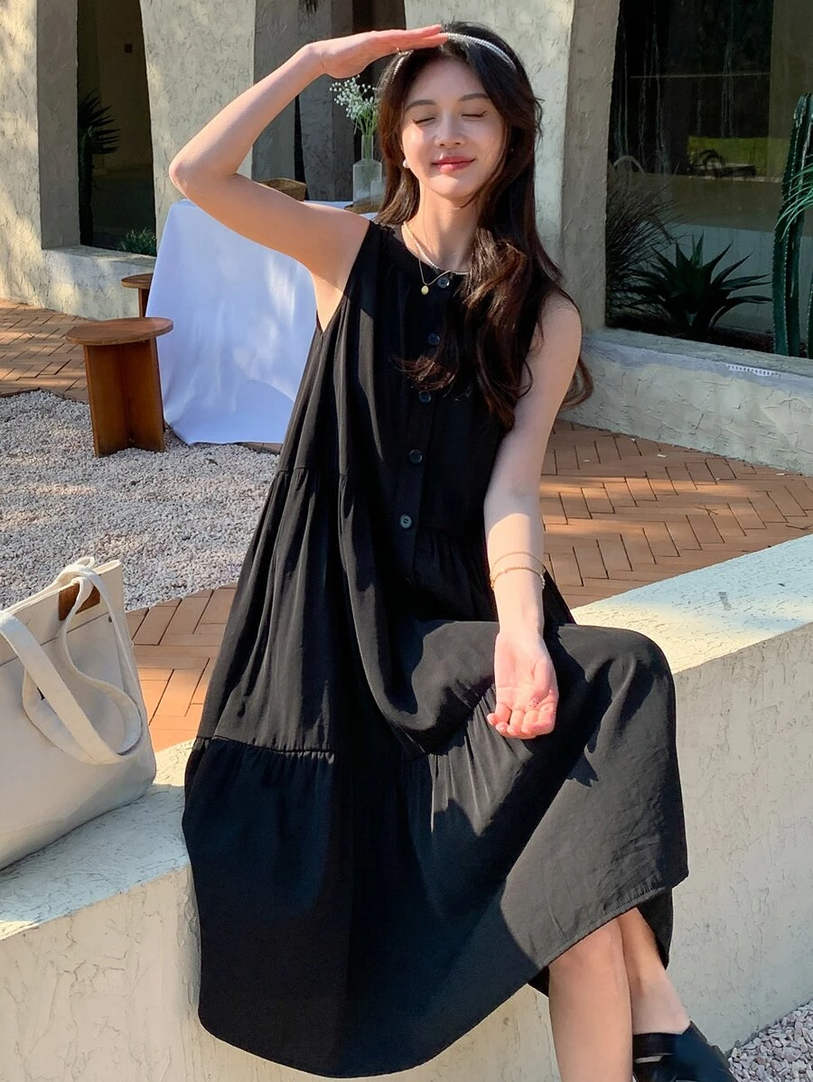 DAZY 素色前紐扣荷葉邊娃娃裙 - 黑色 - 查看 1