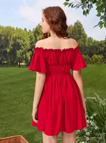 SHEIN Đầm Gái viền lá sen Xù màu trơn Boho - Đỏ - Xem 2