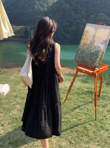 DAZY 素色前紐扣荷葉邊娃娃裙 - 黑色 - 查看 2