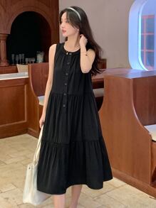DAZY 素色前紐扣荷葉邊娃娃裙 - 黑色 - 查看 3
