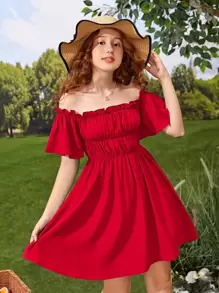 SHEIN Đầm Gái viền lá sen Xù màu trơn Boho - Đỏ - Xem 6