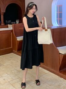 DAZY 素色前紐扣荷葉邊娃娃裙 - 黑色 - 查看 5